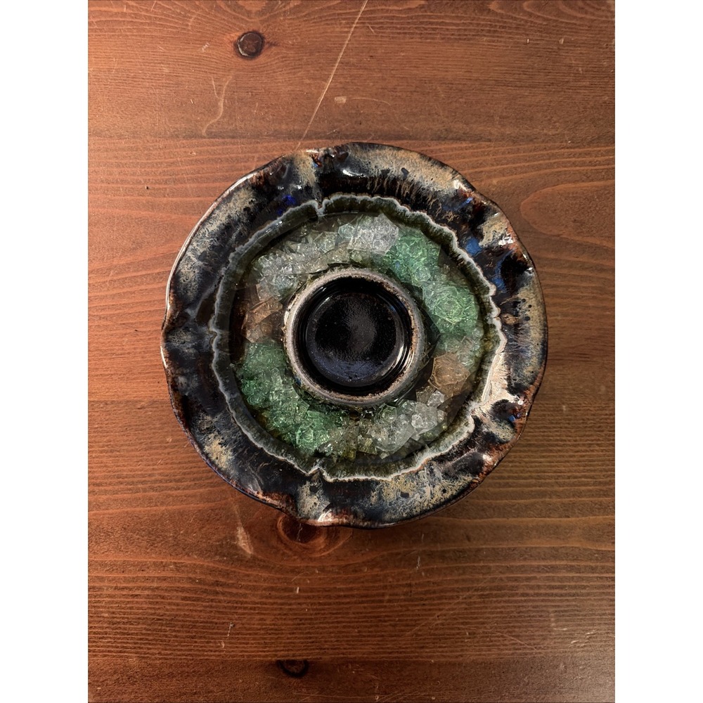 Vintage Hand Made Art Pottery Glazed Candle Holder‎ With Encased Glass Stoneware